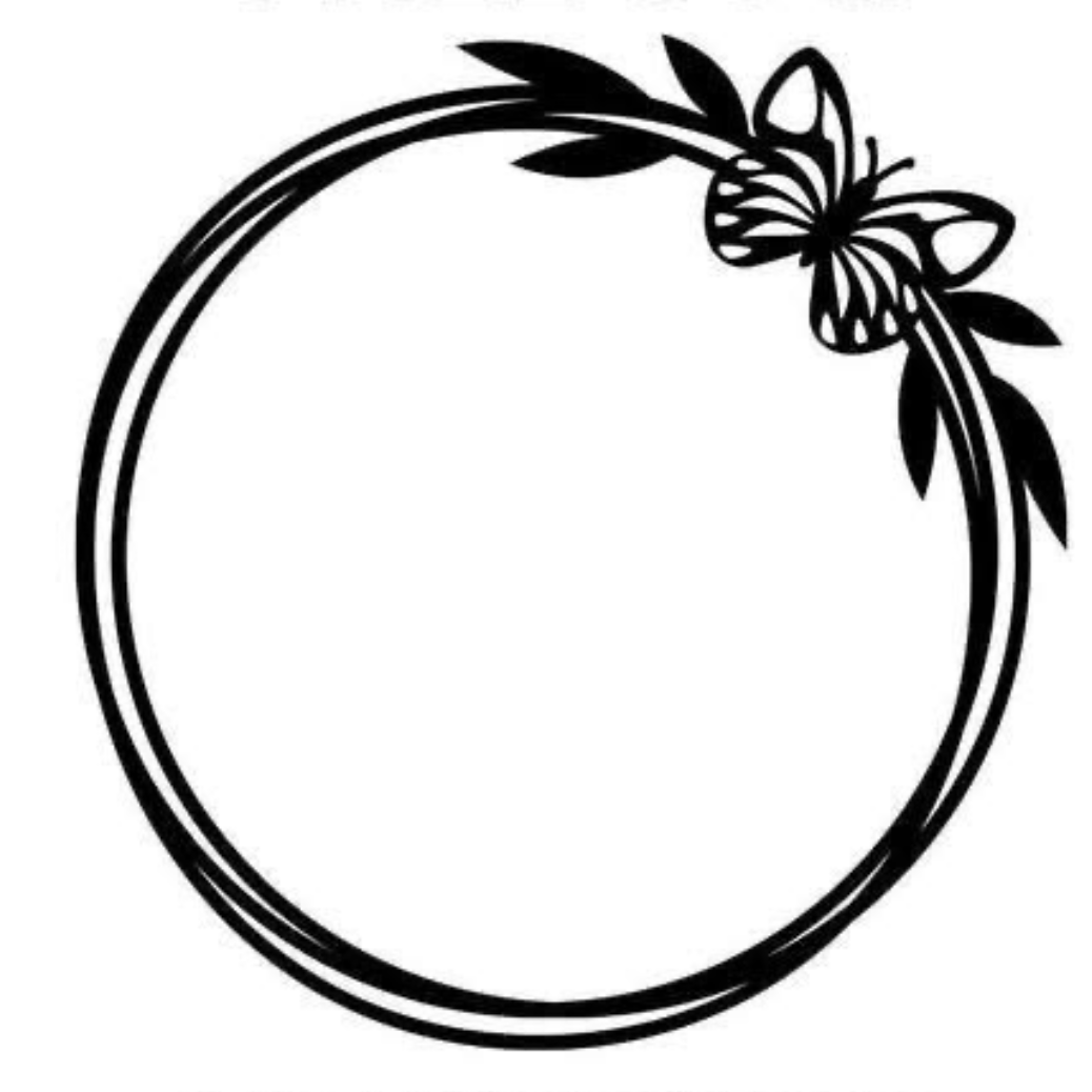 Circular frame with a butterfly and leaves on a white background