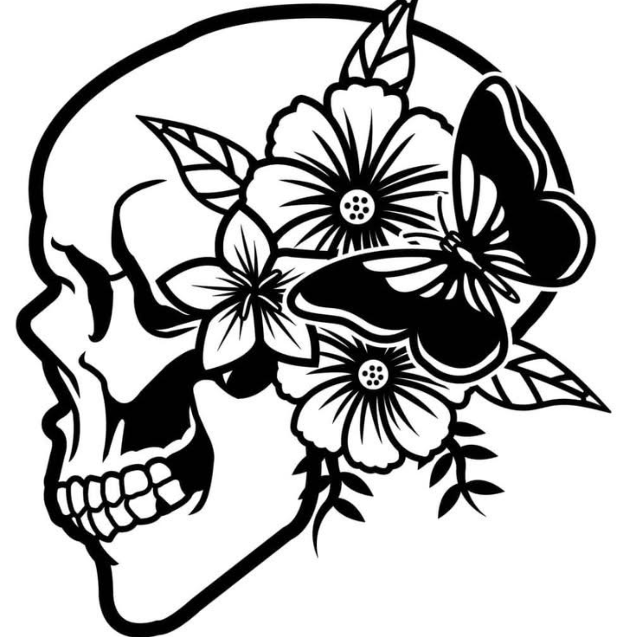 Black and white skull design with floral elements on a black background