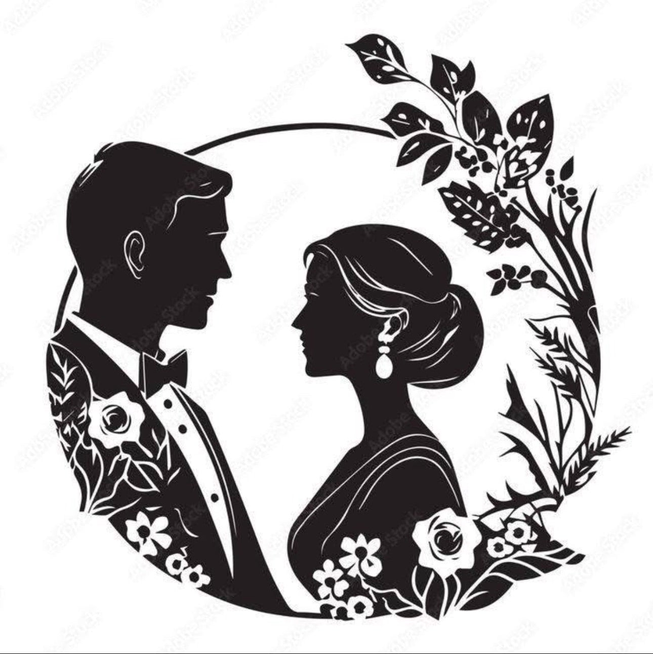 Black and white silhouette of a couple with floral details on a white background