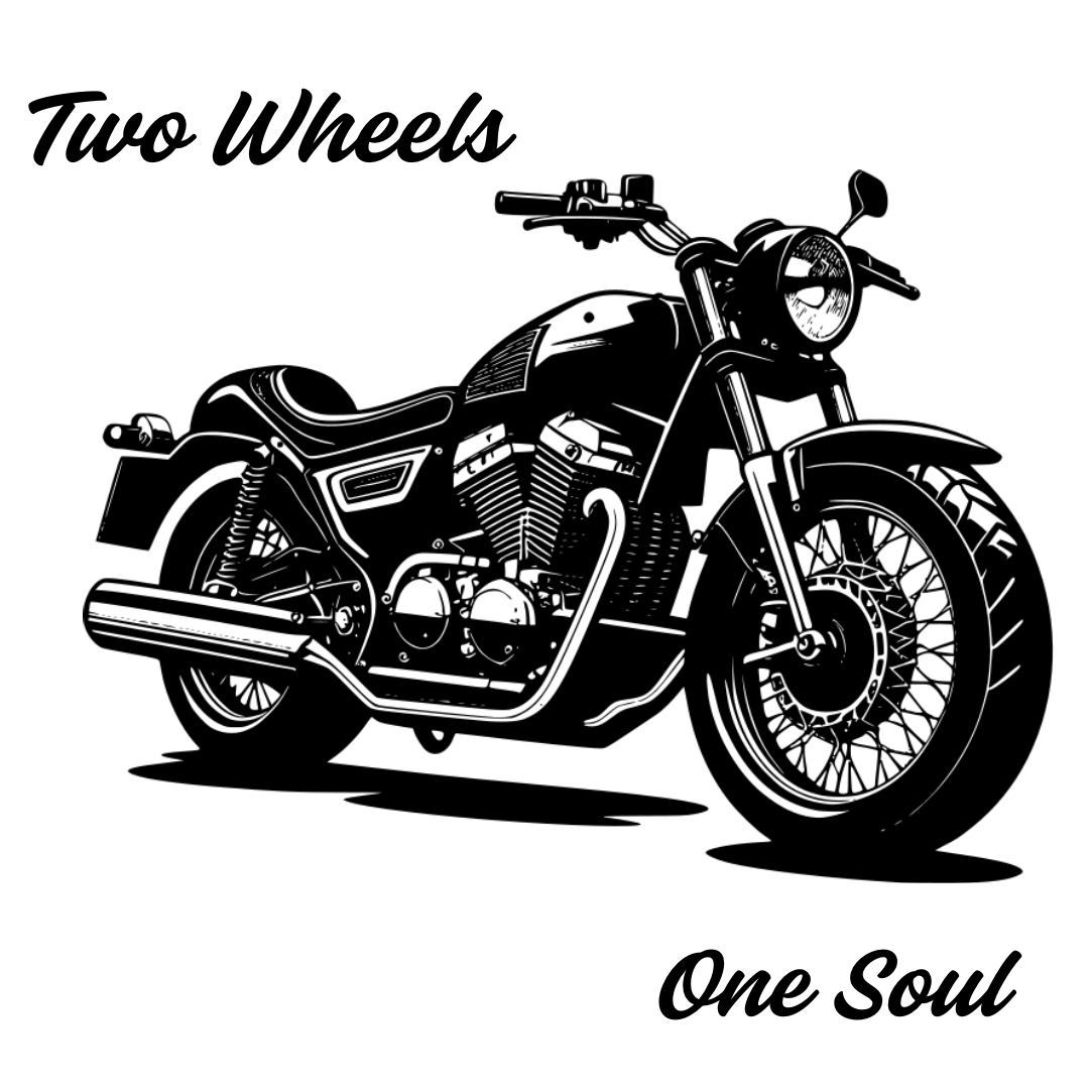 Motorcycle illustration with text 'Two Wheels One Soul' on a white background