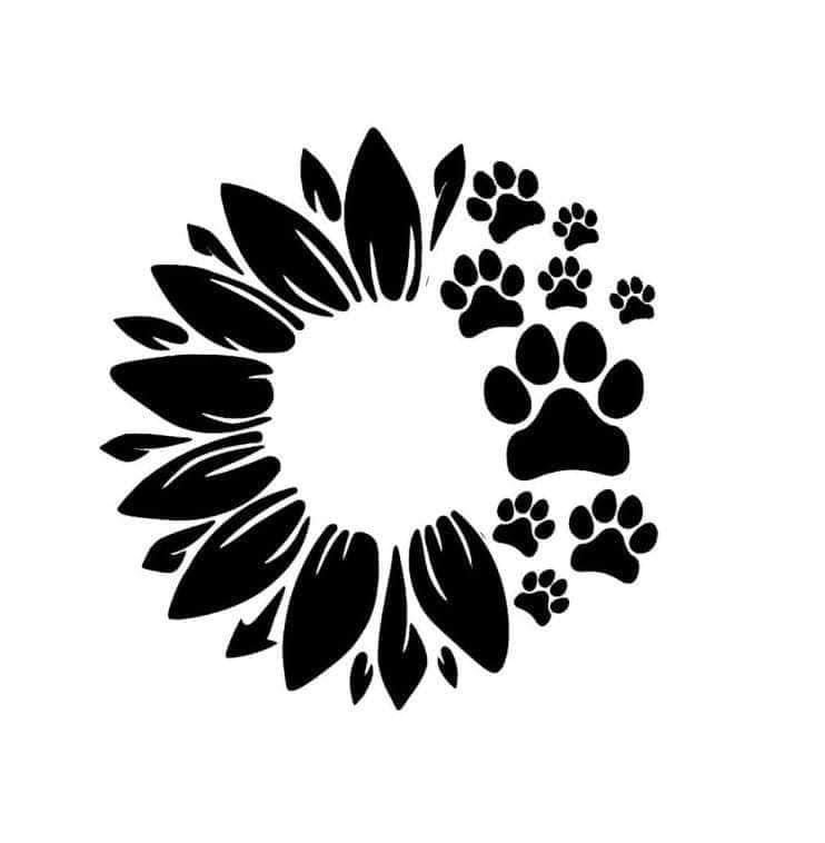 Black sunflower and paw print design on a white background