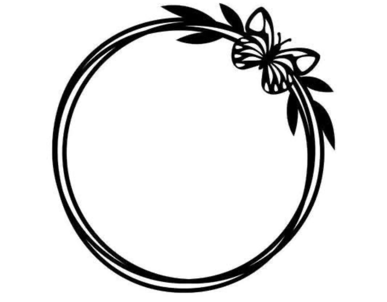 Black circular frame with a butterfly design on a white background