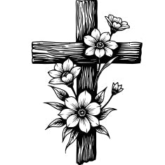 Black and white illustration of a cross with flowers on a white background