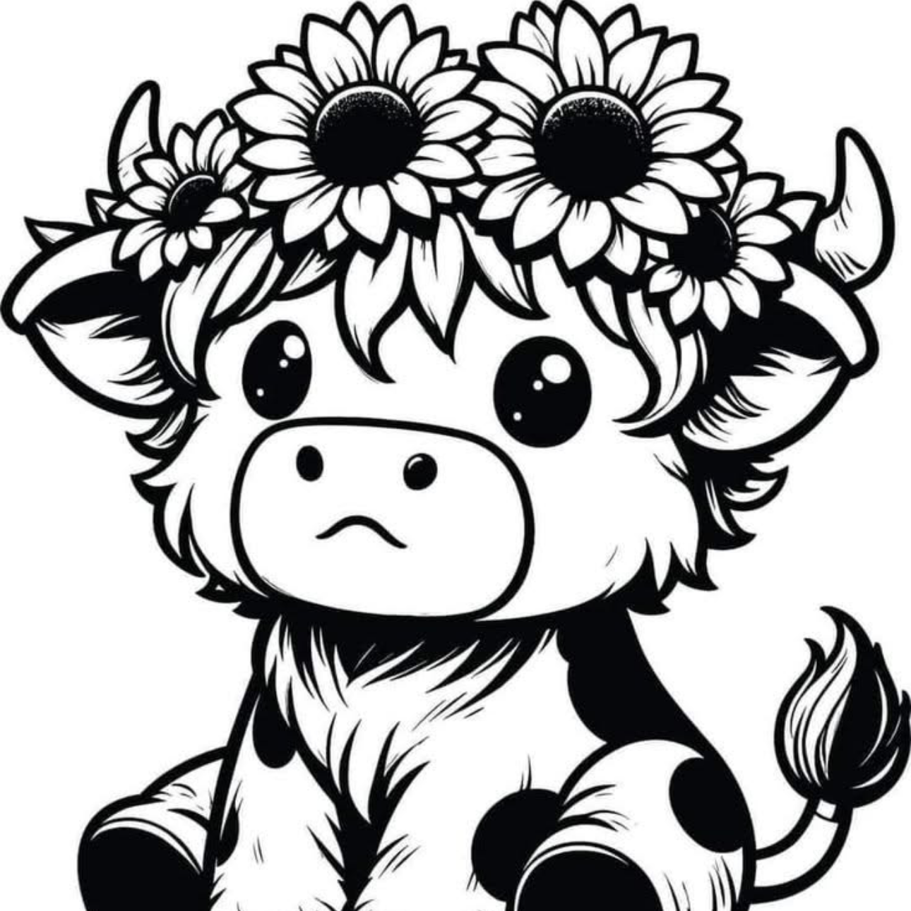 Black and white illustration of a cow with flower crown on a white background