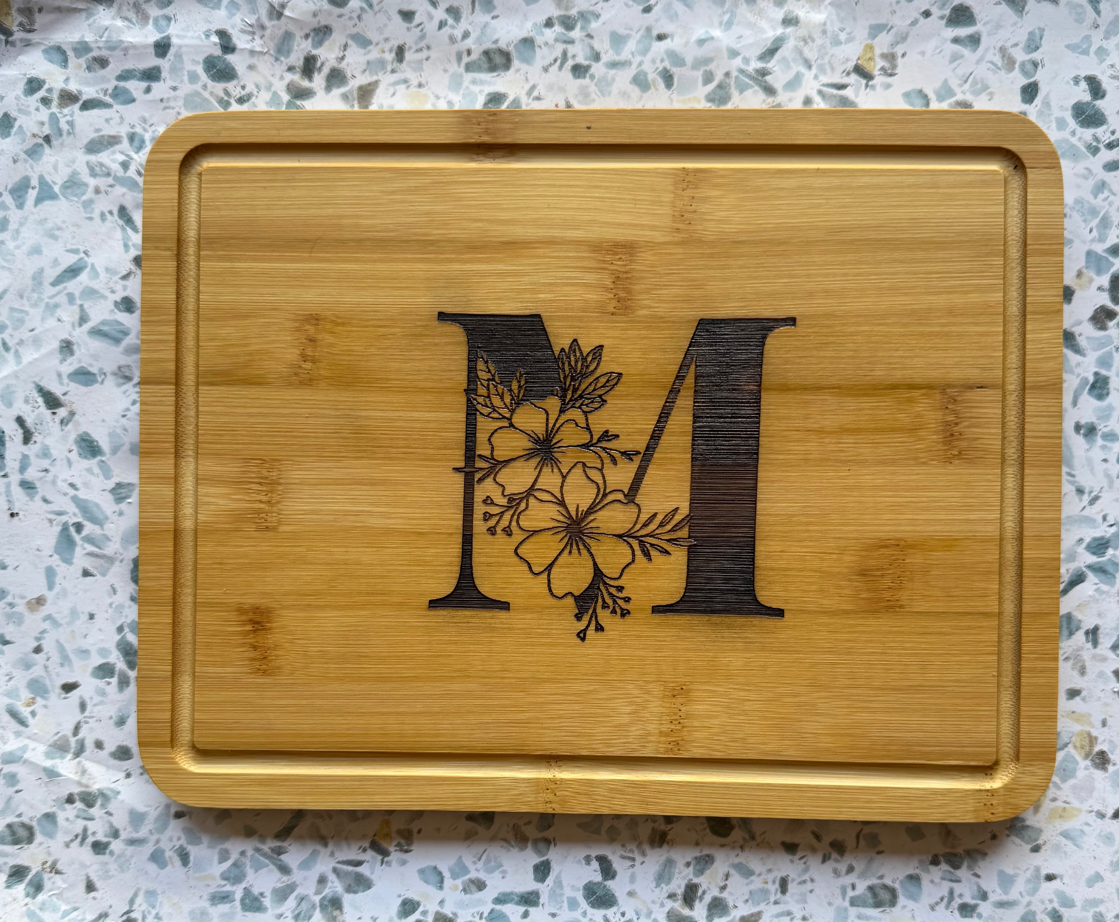Personalized Floral Monogram Bamboo Cutting Board