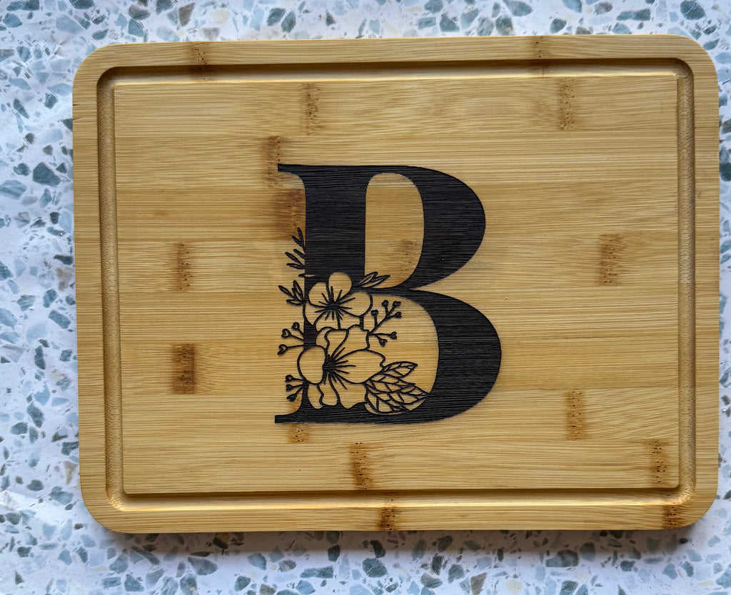Personalized Floral Monogram Bamboo Cutting Board