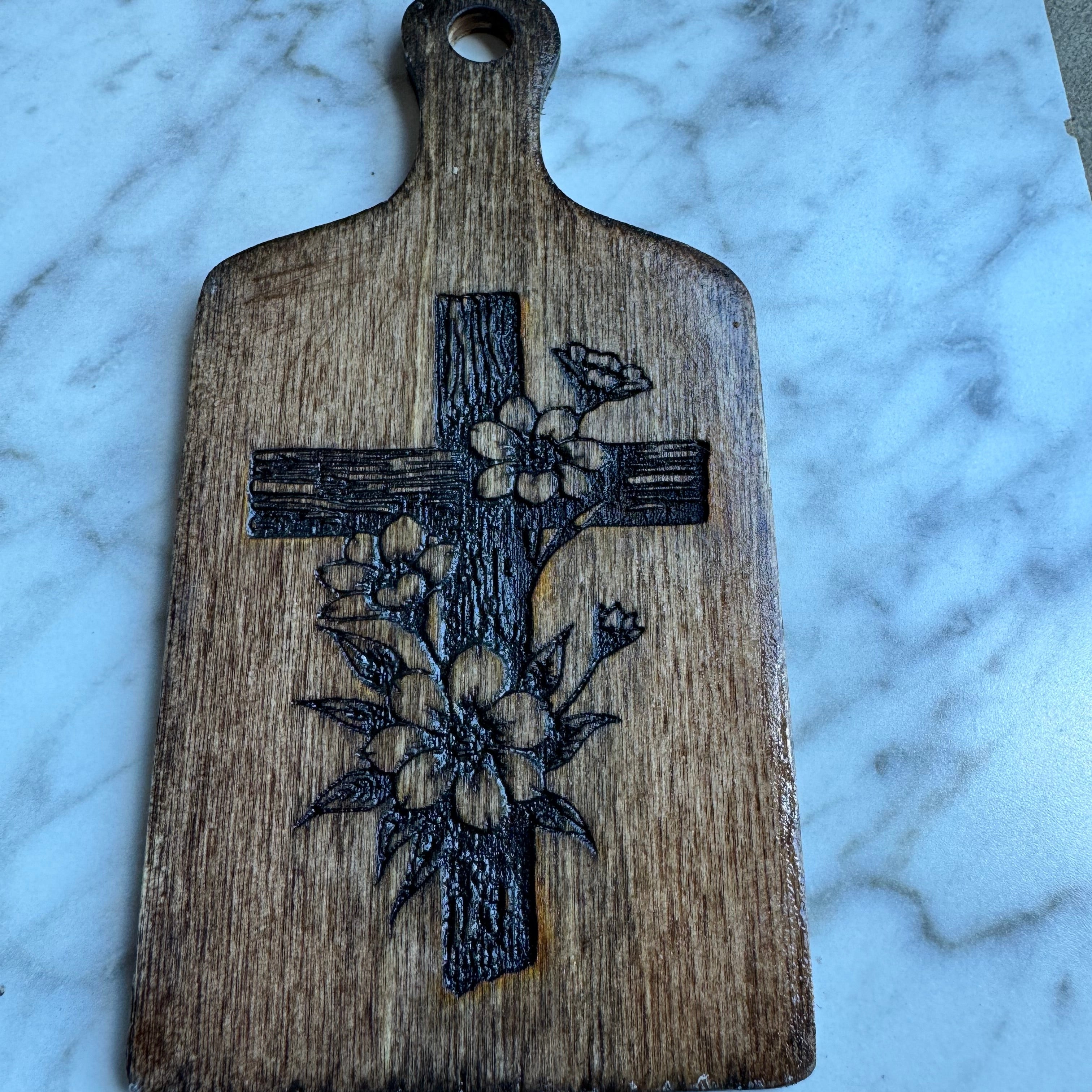 Engraved Cross & Flowers Wood Display Board - Rustic Faith Decor - 6 Inch