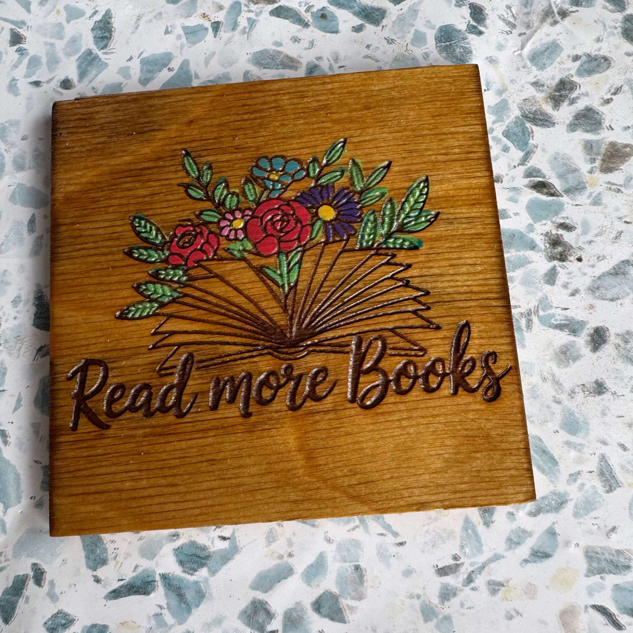 Coaster with open book and flowers, Read More Books, Book Lover