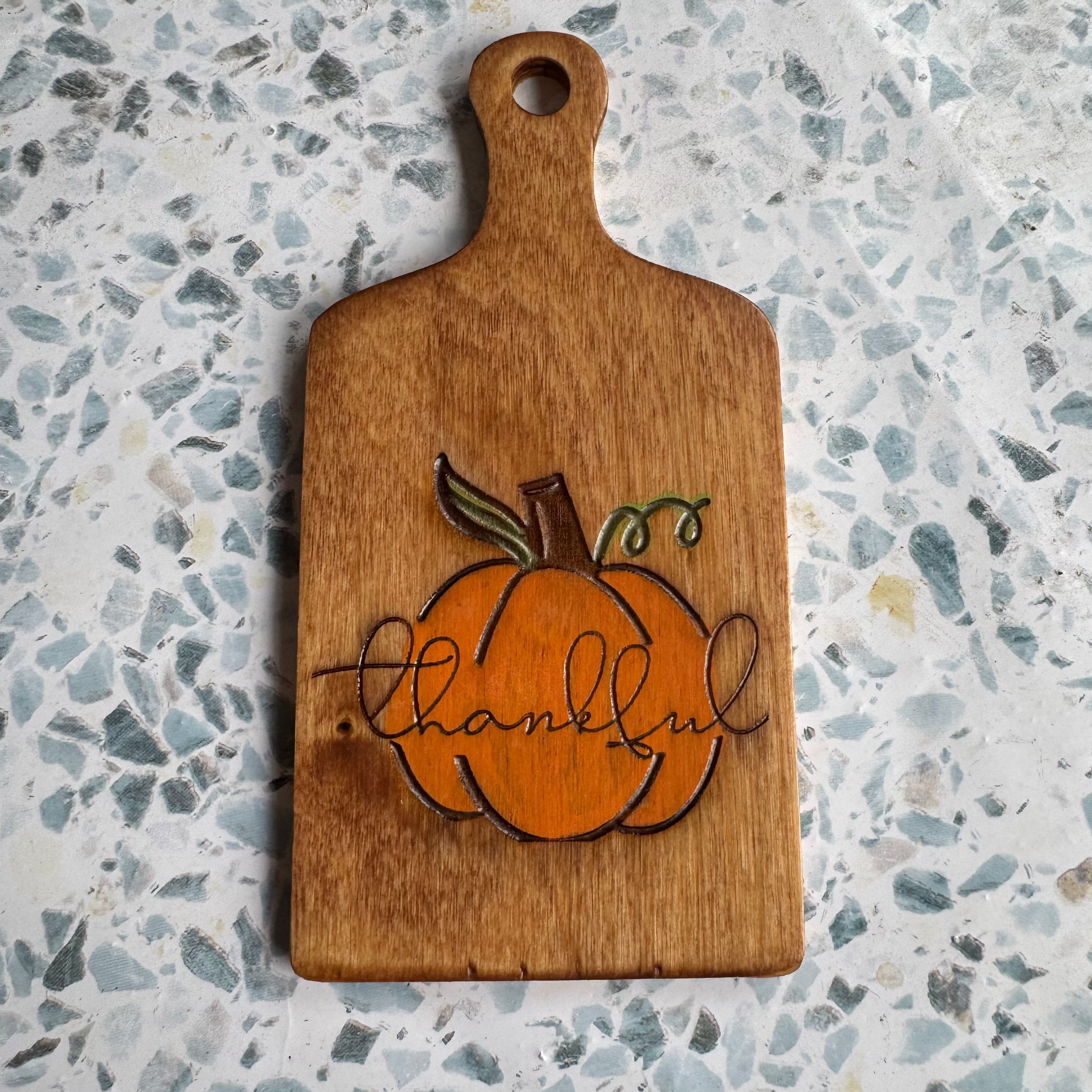 Hand-Painted “Thankful” Pumpkin Paddle – Custom Engraved and Hand-Stained 6” Wooden Fall Decor