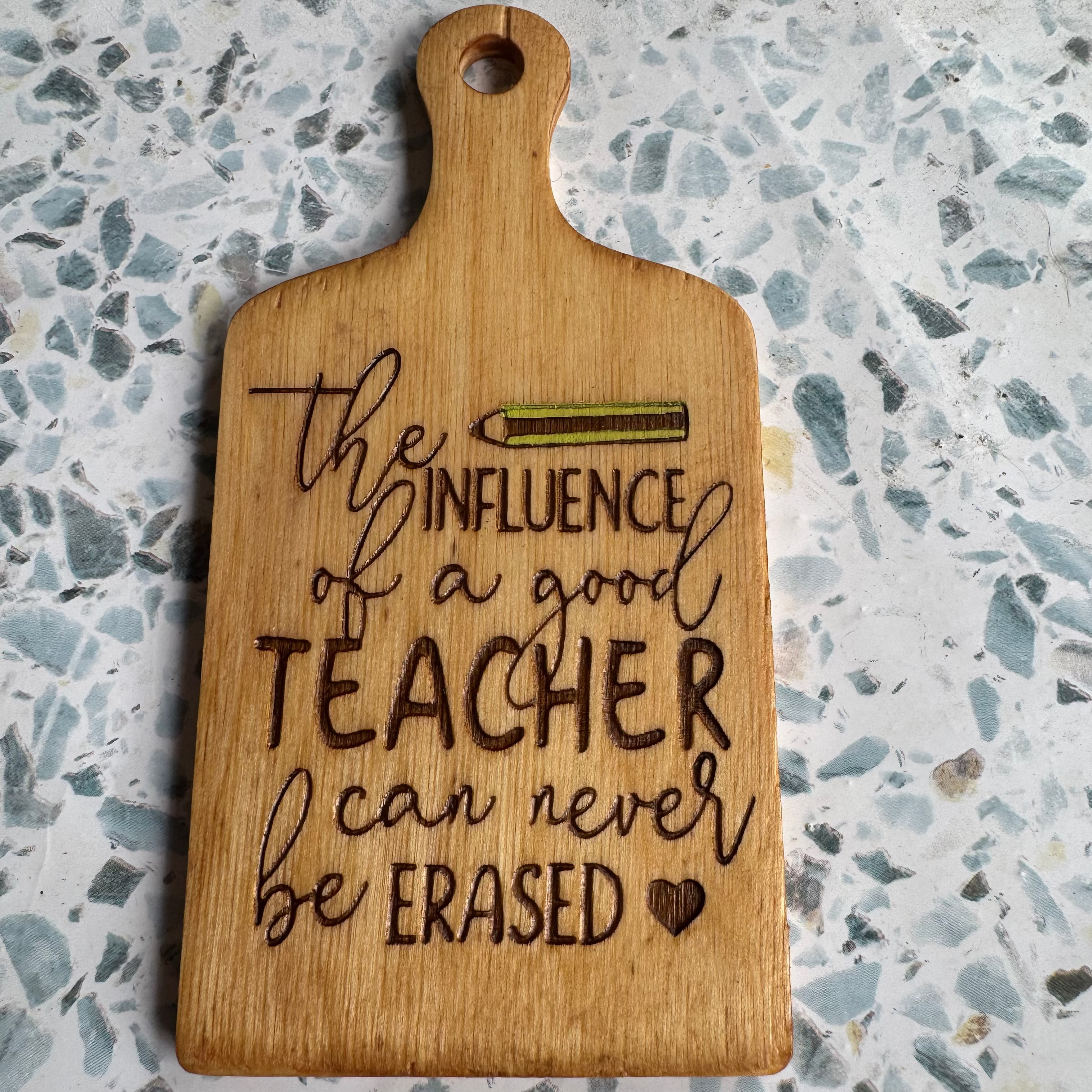 Hand-Stained 6” Wooden Paddle – Engraved “The Mark of a Teacher Can Never Be Erased” with Hand-Painted Pencil