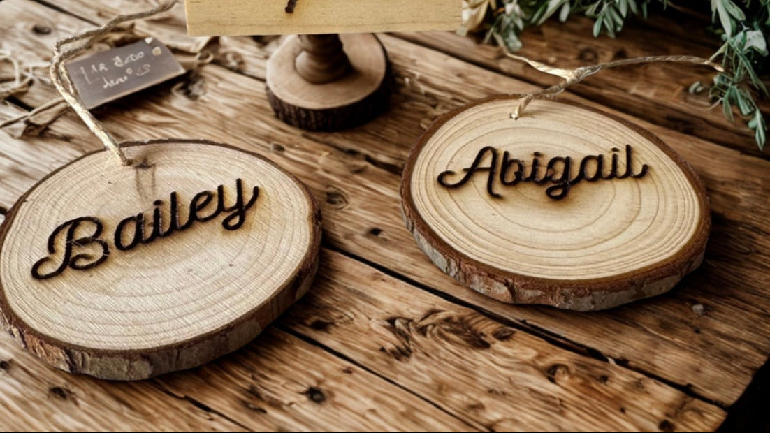 Wooden table signs with names on a rustic wooden surface
