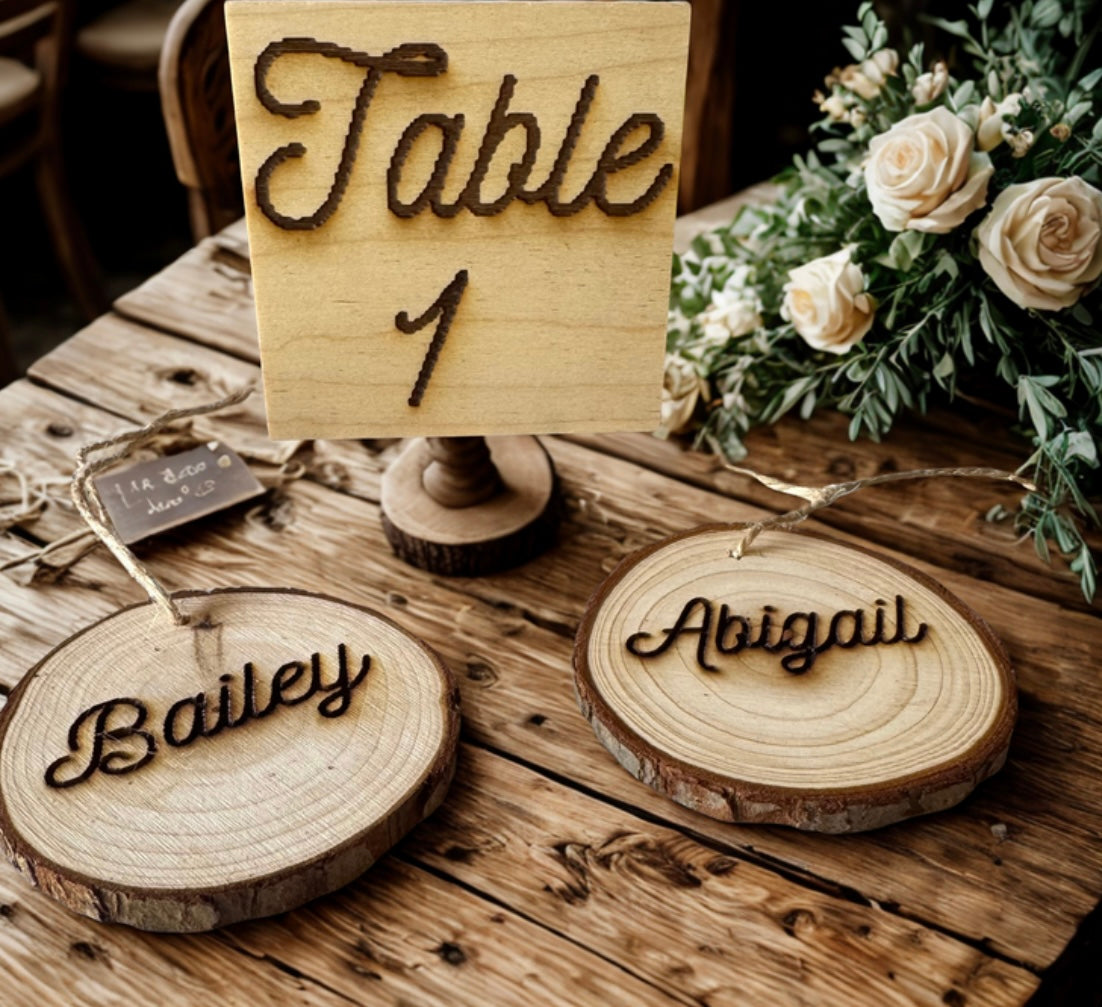 Custom Engraved Live Edge Ornaments; Wedding Seating Chart Bundle