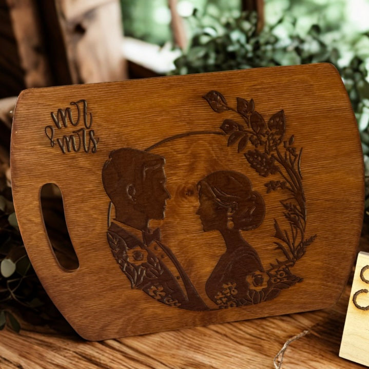 Hand-Stained 12” Decorative Cutting Board – Engraved Bride & Groom with Floral Border, “Mr. & Mrs.”