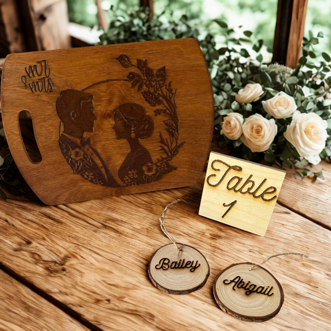 Wedding Table Ornament & Mr and Mrs. Cutting Board Bundle – Personalized Seating Chart, Guest Favors & Keepsake