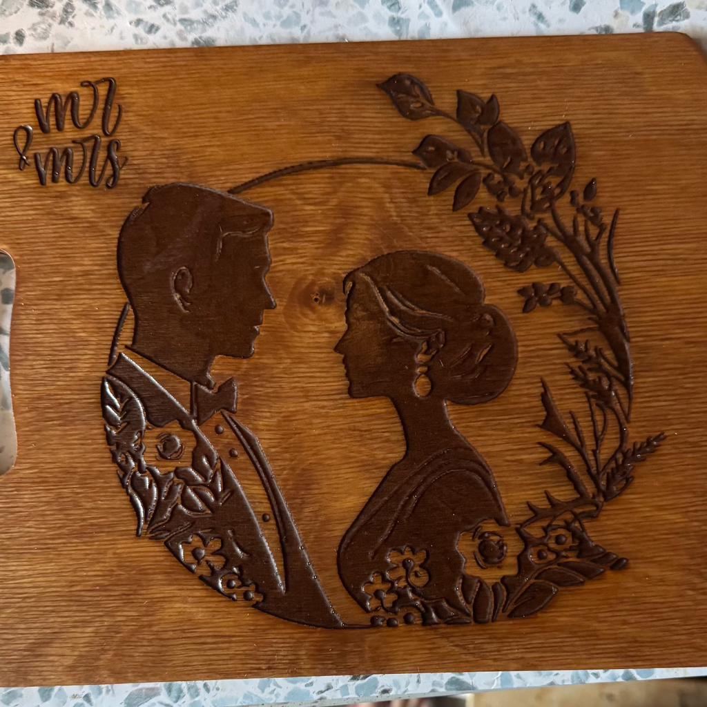 Hand-Stained 12” Decorative Cutting Board – Engraved Bride & Groom with Floral Border, “Mr. & Mrs.”