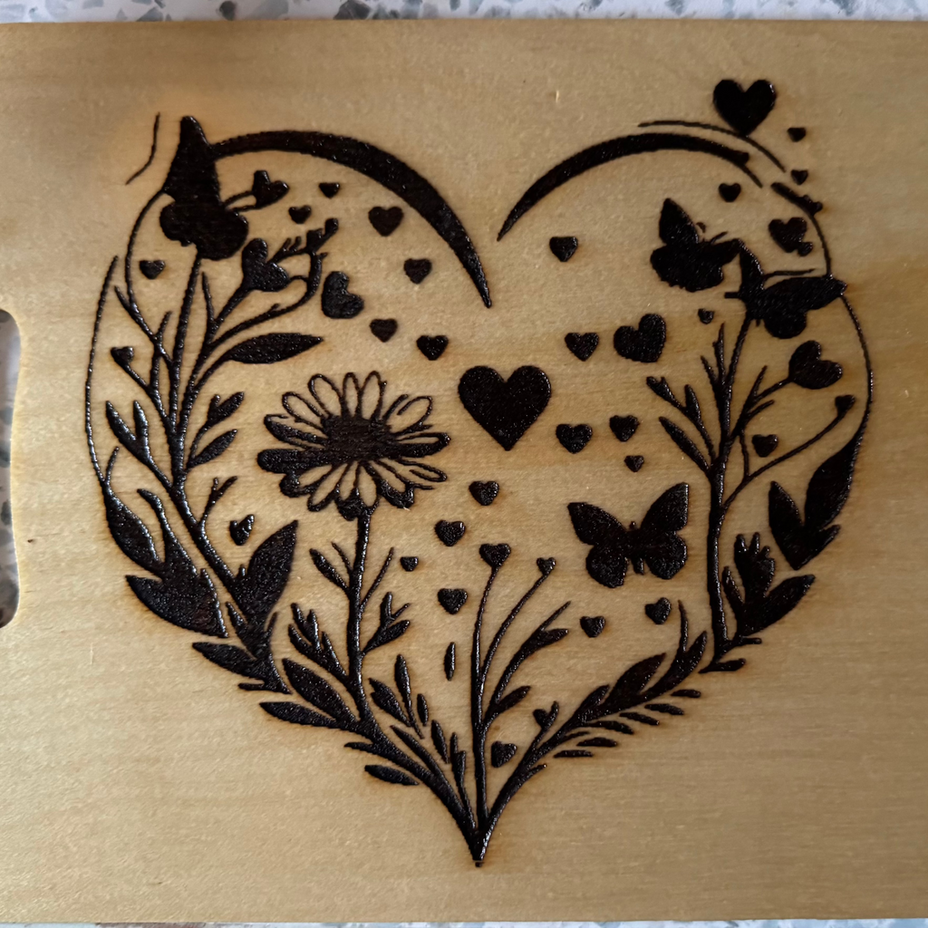 Hand-Stained 12” Butcher Block Cutting Board – Engraved Floral Heart with Butterflies