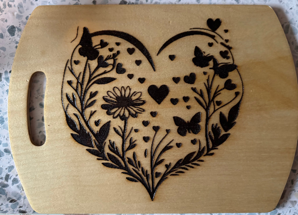 Hand-Stained 12” Butcher Block Cutting Board – Engraved Floral Heart with Butterflies