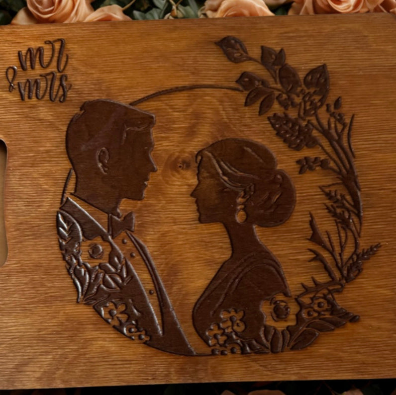 Hand-Stained 12” Decorative Cutting Board – Engraved Bride & Groom with Floral Border, “Mr. & Mrs.”