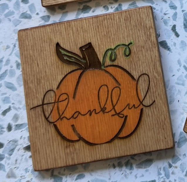 Handcrafted wood coasters for Thanksgiving table decor